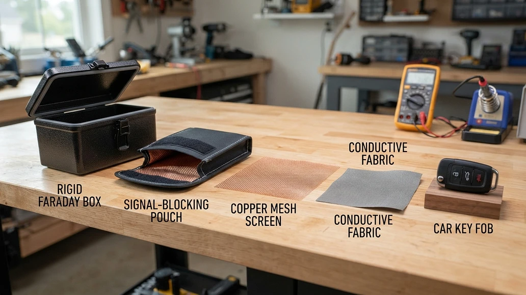 Comparison of Faraday shielding options for phones and key fobs