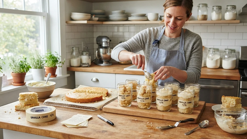 Cooled cake being portioned into jars for refrigerator or freezer storage