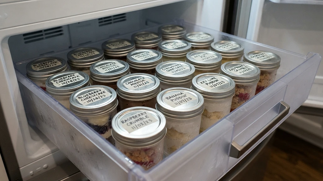 Labeled frozen dessert jars stored neatly in a freezer drawer