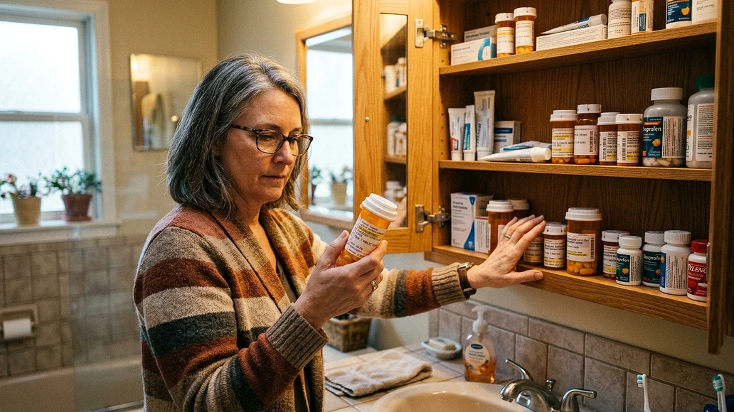 Person checking expiration dates on medicine bottles in a home cabinet