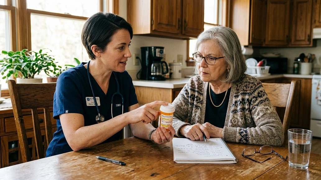 Patient discussing an expired prescription bottle with a healthcare professional