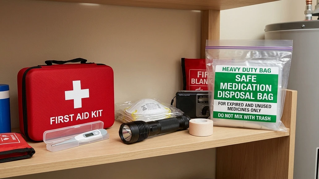 Preparedness supplies organized with safe medication disposal materials