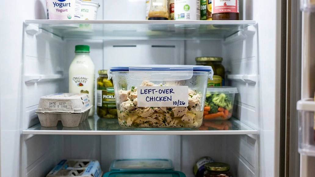 Opened canned meat transferred to a covered container in the refrigerator