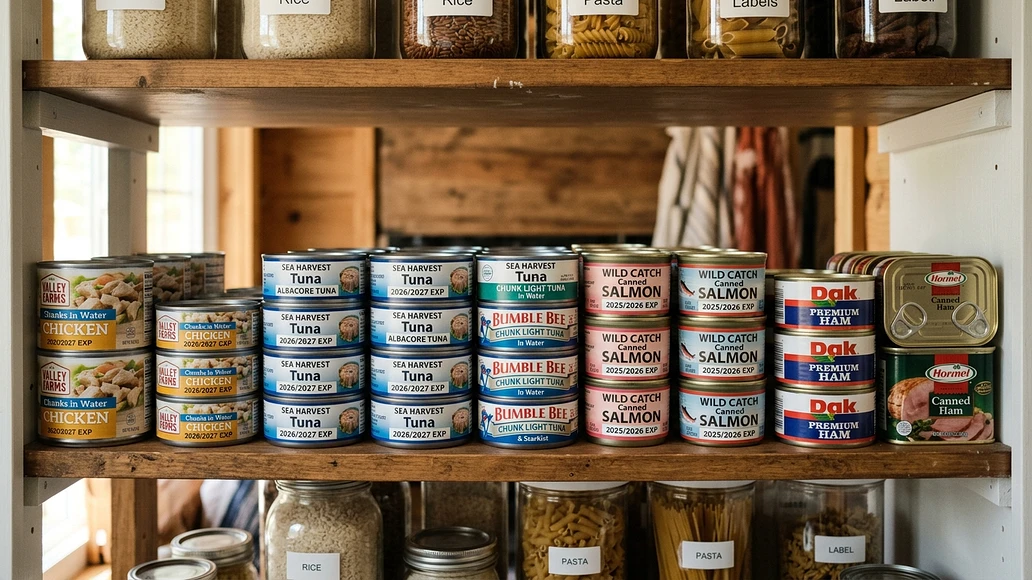 Organized pantry shelf with rotated canned meat for everyday use and emergencies