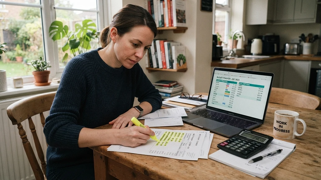 Reviewing bank statements and recurring charges at a kitchen table