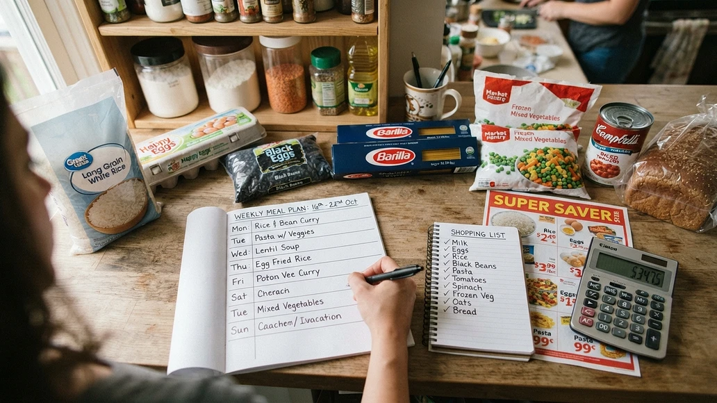 Meal planning and grocery budgeting with staple foods and a shopping list