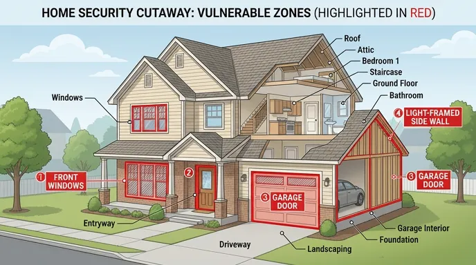 Diagram showing the most vulnerable parts of a typical house during gunfire