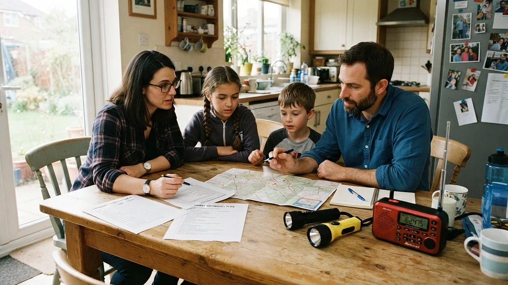Family reviewing an emergency plan at the kitchen table