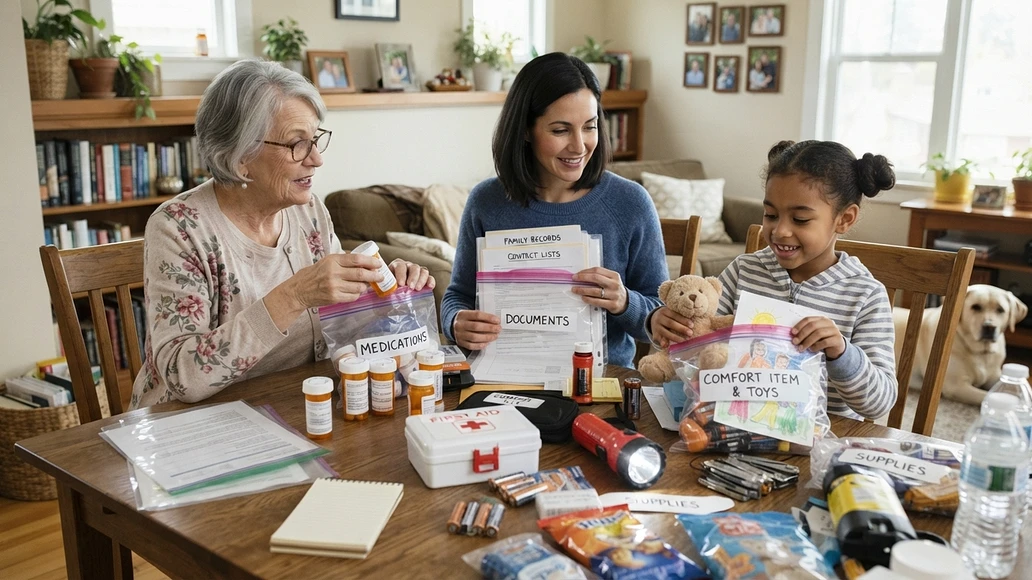 Multigenerational family adapting emergency supplies for different household needs
