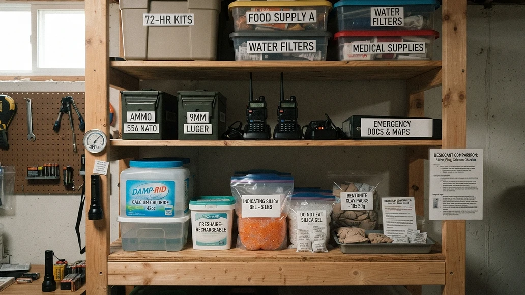 Different desiccant types arranged with common prepper storage items