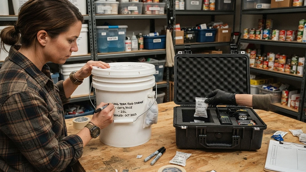 Proper placement of desiccants in sealed preparedness storage containers