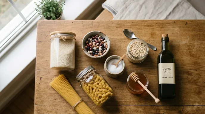Pantry staples flat lay with rice, dry beans, pasta, oats, salt, honey, and olive oil for a long lasting grocery foundation