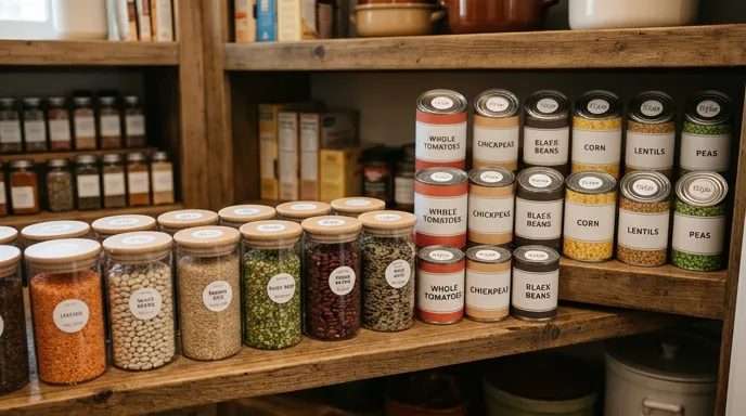 Organized canned goods and labeled glass jars on a pantry shelf for rotation