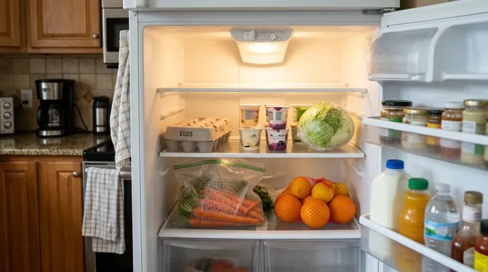 Refrigerator organized with carrots, citrus, eggs, yogurt, and cabbage