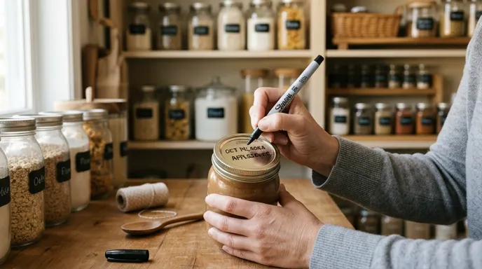Hands labeling a mason jar lid with a date for FIFO pantry rotation