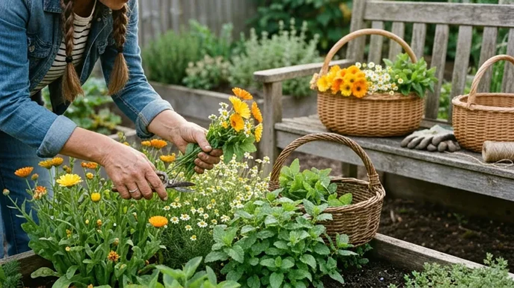 Harvesting flowers and leaves from a backyard medicinal herb garden
