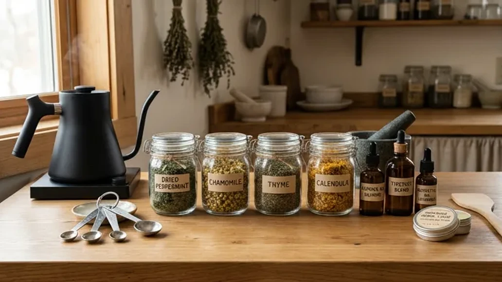 Labeled jars of dried herbs and simple homemade herbal preparations on a kitchen table
