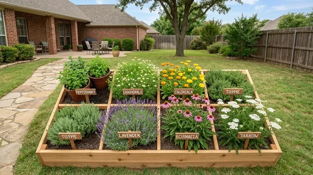 Organized raised bed layout for a backyard medicinal herb garden