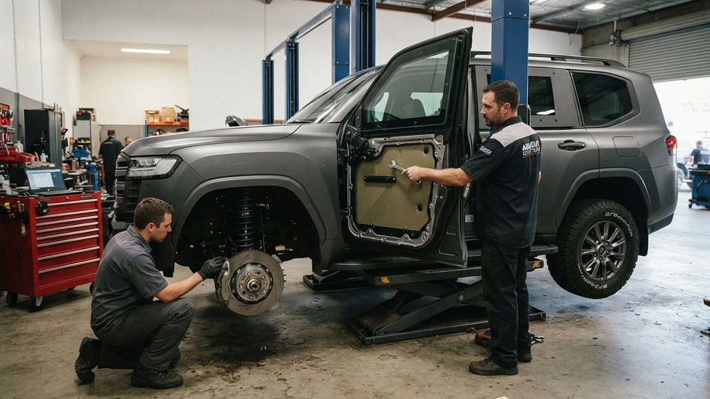 Armored SUV in a workshop showing ballistic glass and mechanical upgrades