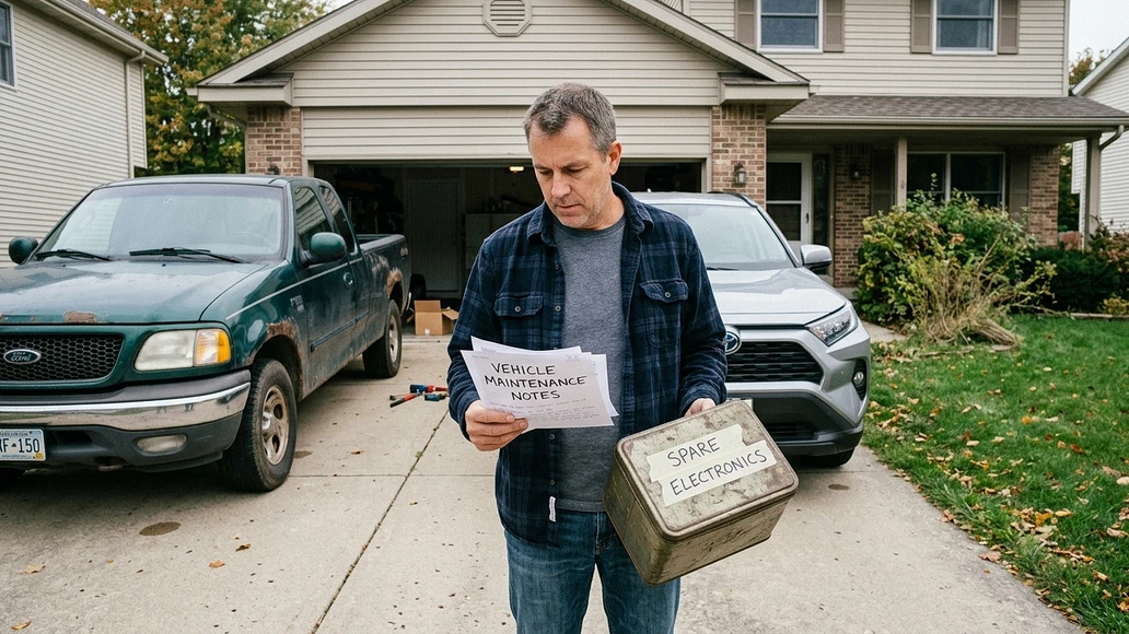 Homeowner comparing an older truck and a modern SUV while preparing spare vehicle electronics