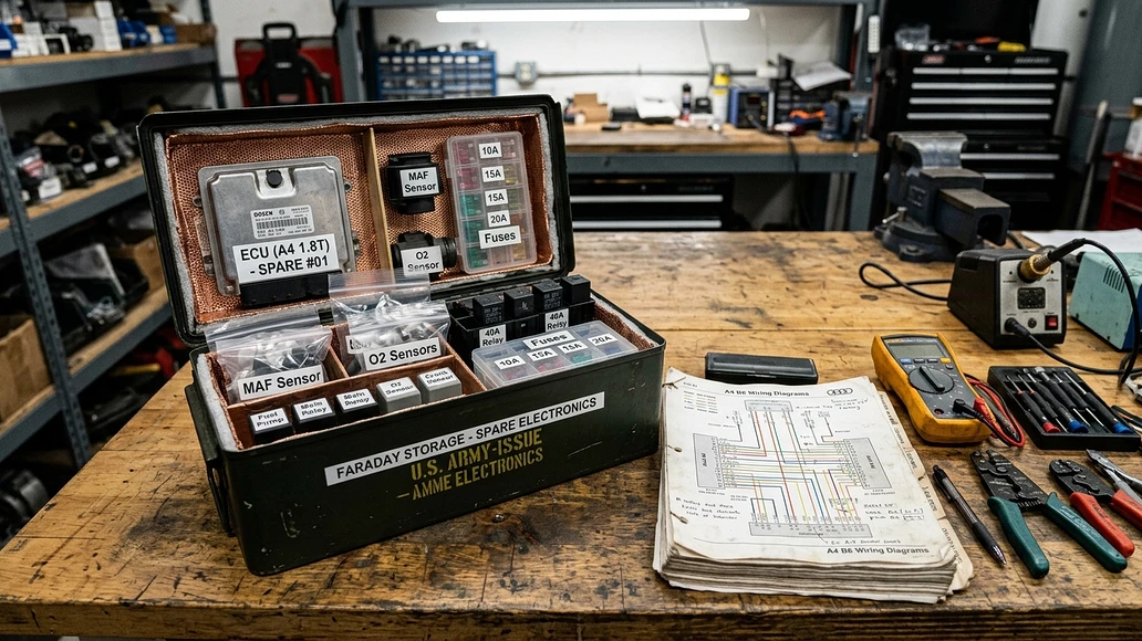 Labeled vehicle spare electronics stored in a lined metal container on a workbench