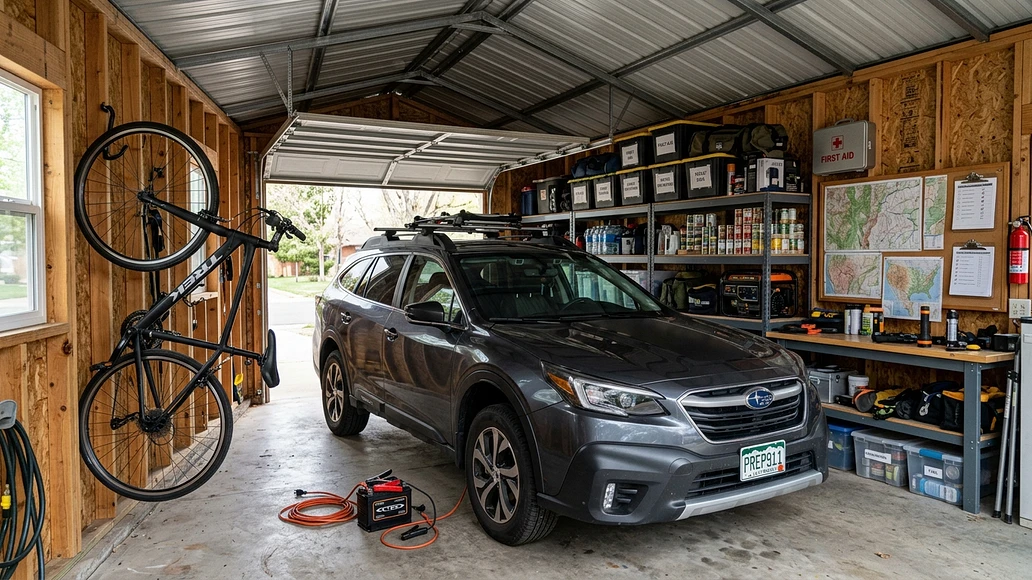Vehicle stored in a garage with backup transportation and emergency supplies