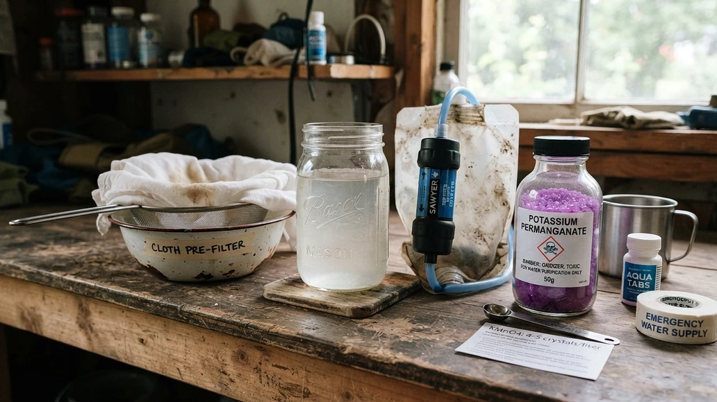 Preparedness water treatment setup with clearly labeled supplies