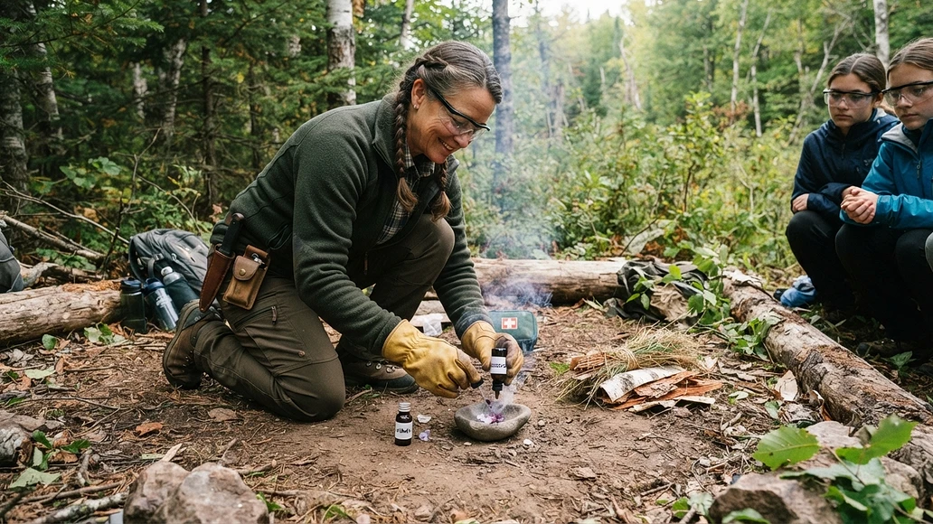 Controlled outdoor fire-starting demonstration using potassium permanganate with safety gear