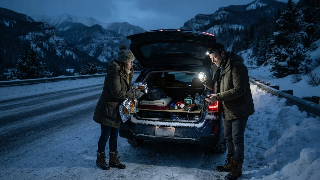 Winter roadside emergency supplies organized beside a stranded vehicle in cold mountain conditions
