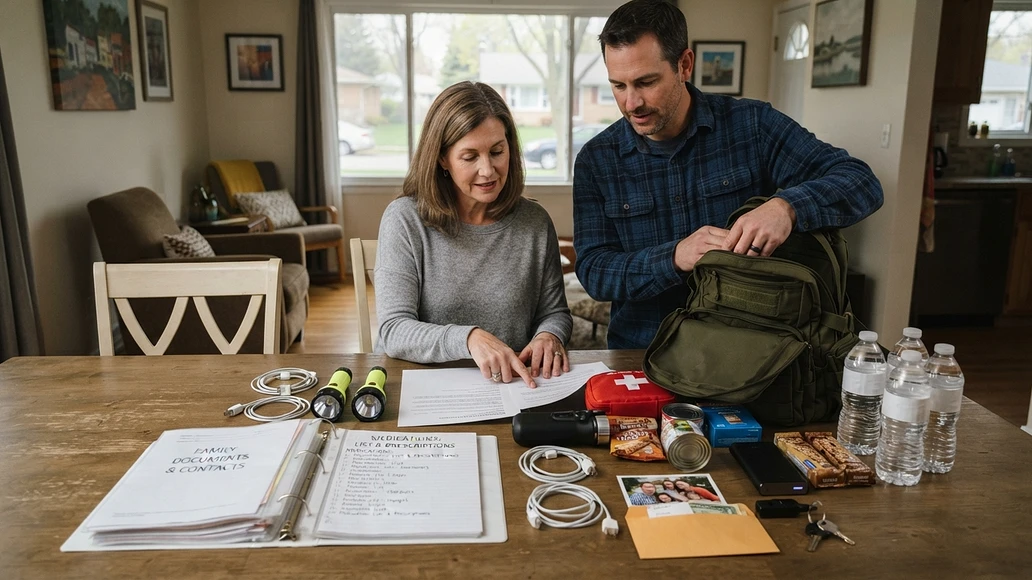 Family emergency evacuation supplies and documents organized on a table in a suburban home