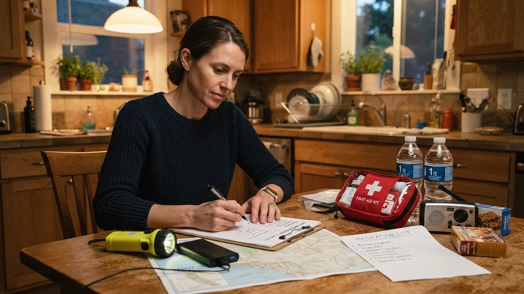 Person reviewing a home emergency checklist with basic supplies on a kitchen table