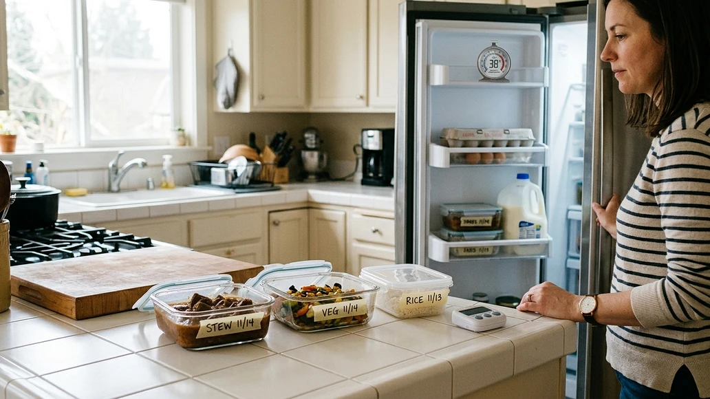 Safe leftover storage with shallow labeled containers and a refrigerator thermometer