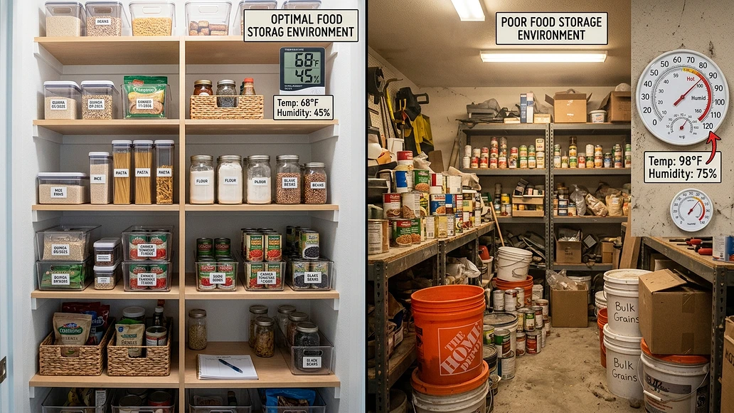 Comparison of a stable indoor pantry and a poor garage food storage area