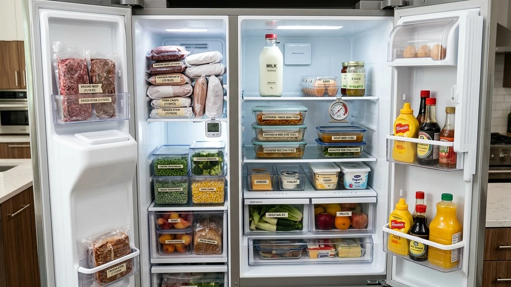 Well organized refrigerator and freezer with labeled leftovers and safe shelf placement