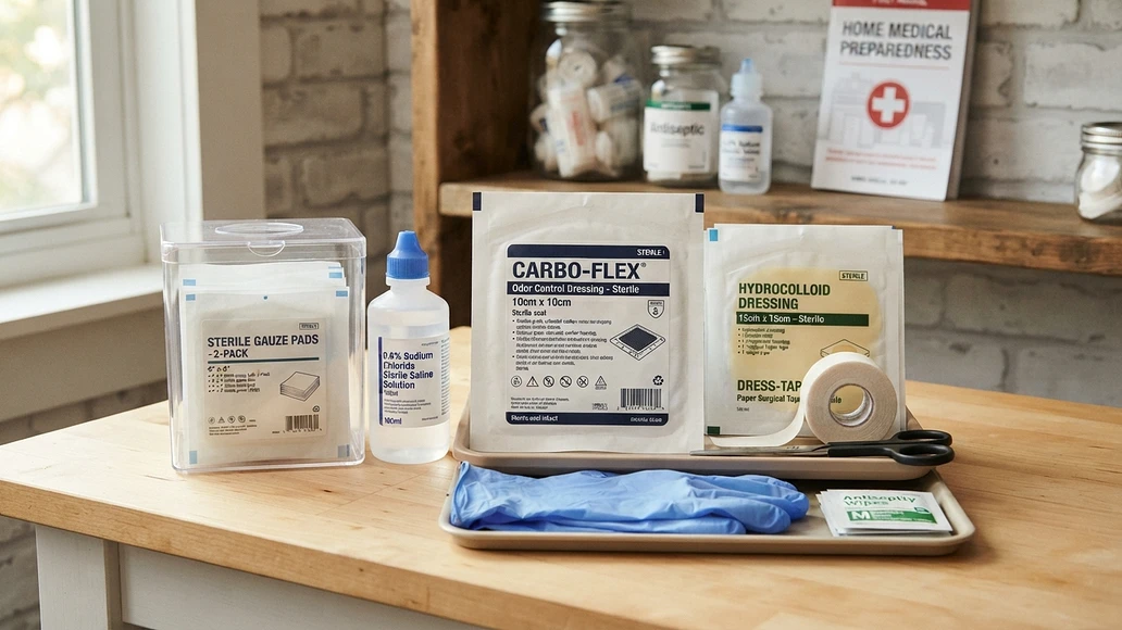Organized wound care supplies with a sealed charcoal dressing
