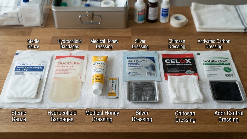 Comparison of common wound dressing options including charcoal dressing