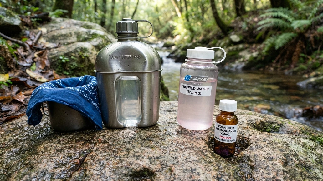 Emergency water treatment setup showing pre-filtering and a faint pink solution
