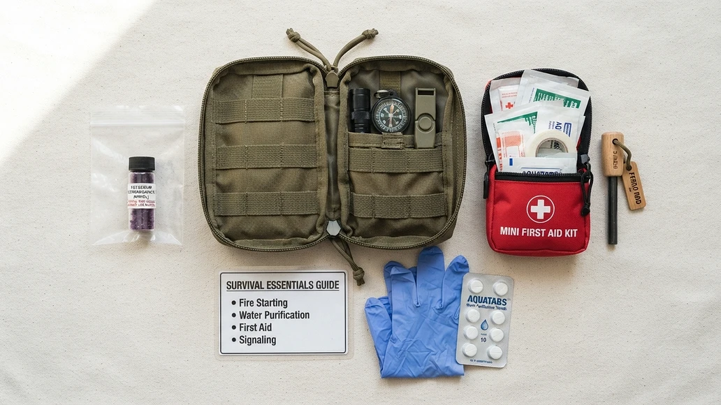 Organized survival kit showing labeled potassium permanganate stored with safety instructions