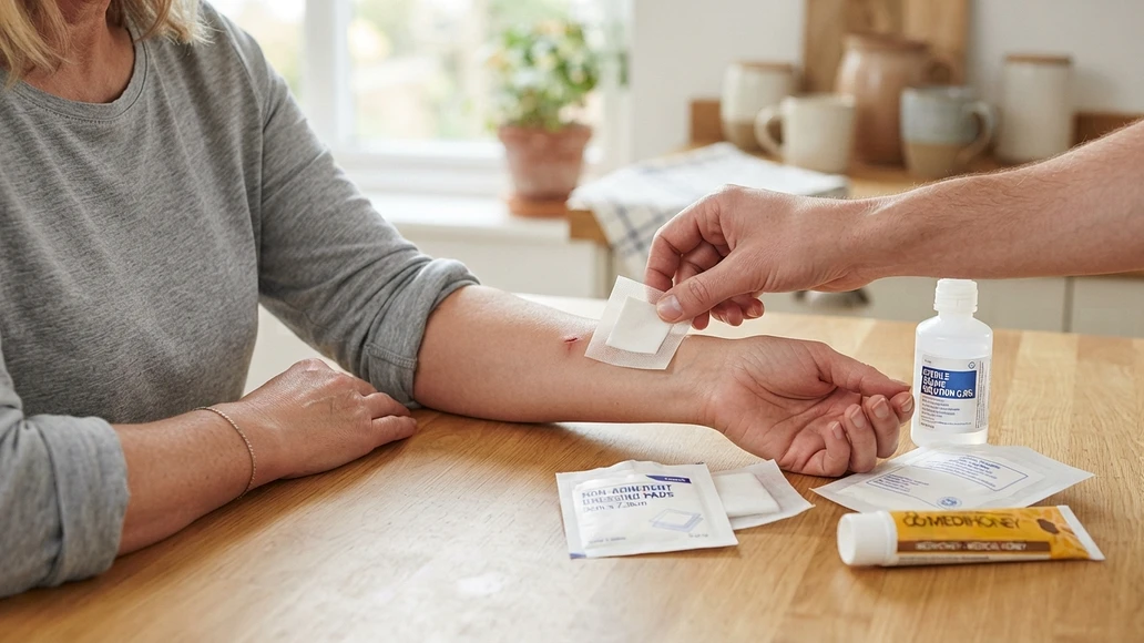 Applying a clean dressing to a minor cut at home