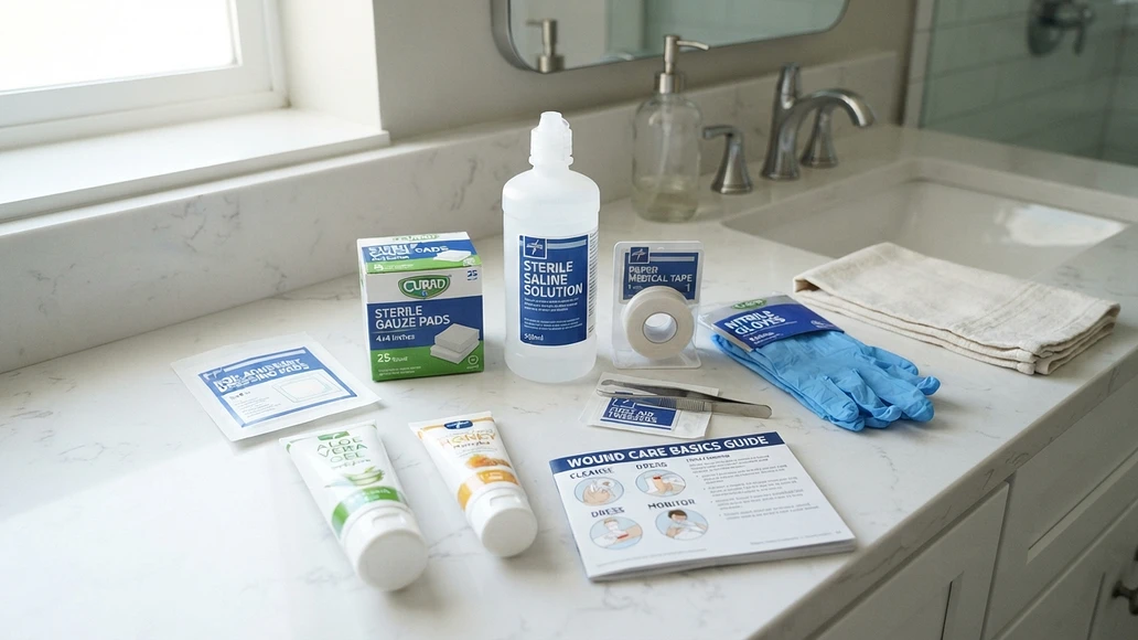 Home wound care supplies arranged on a clean counter