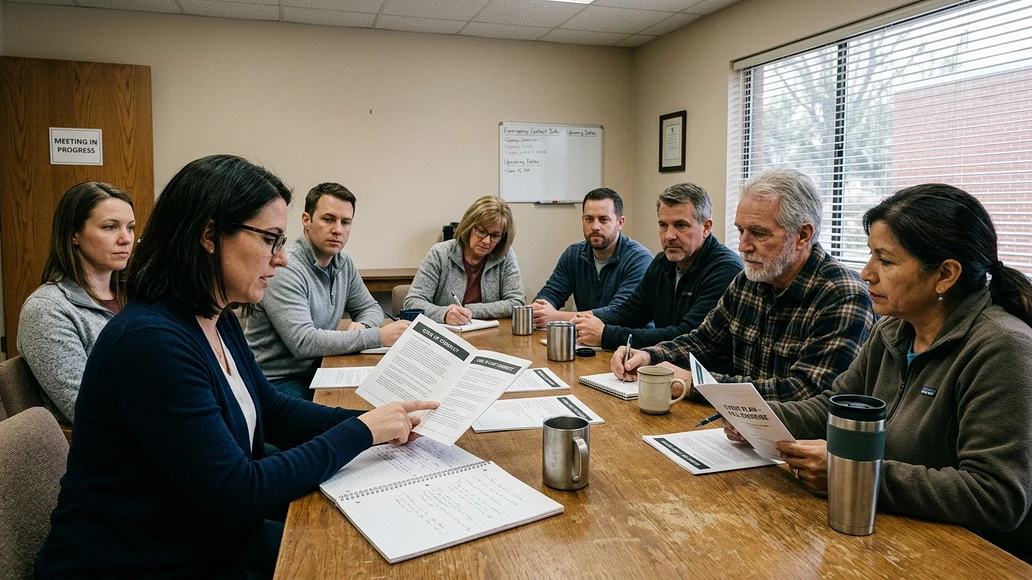 Prepper group reviewing rules and plans in a neutral meeting space