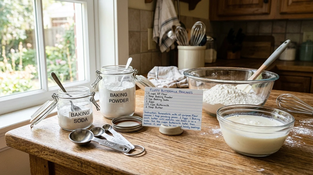 Measuring baking powder and baking soda beside a recipe on a kitchen counter