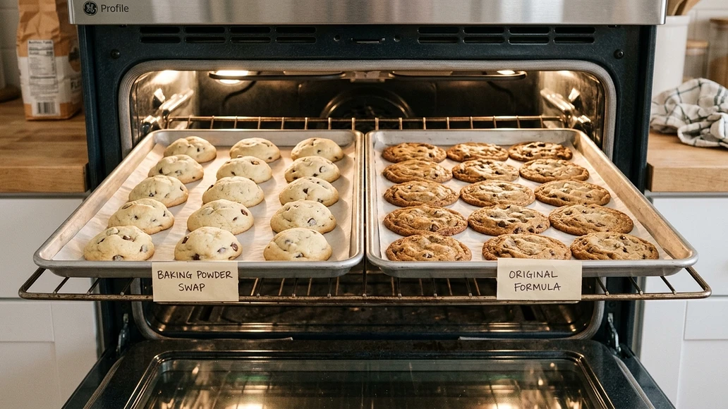 Comparison of cookies baked with different leaveners showing changes in spread and browning