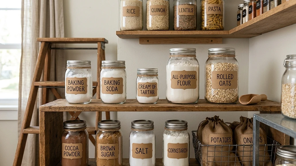 Prepared pantry shelf stocked with baking powder, baking soda, and other baking staples