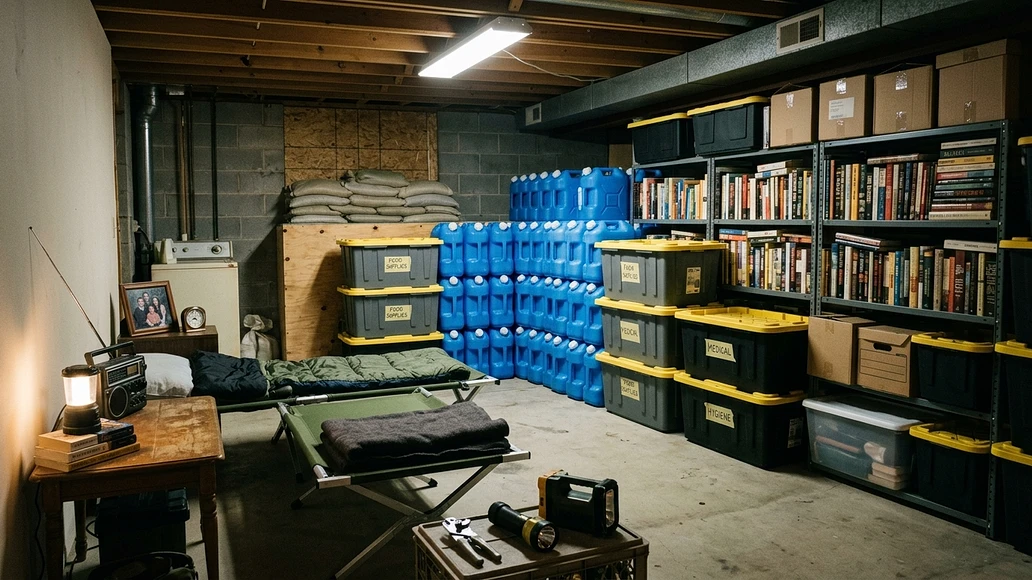 Prepared basement shelter with water storage and added shielding