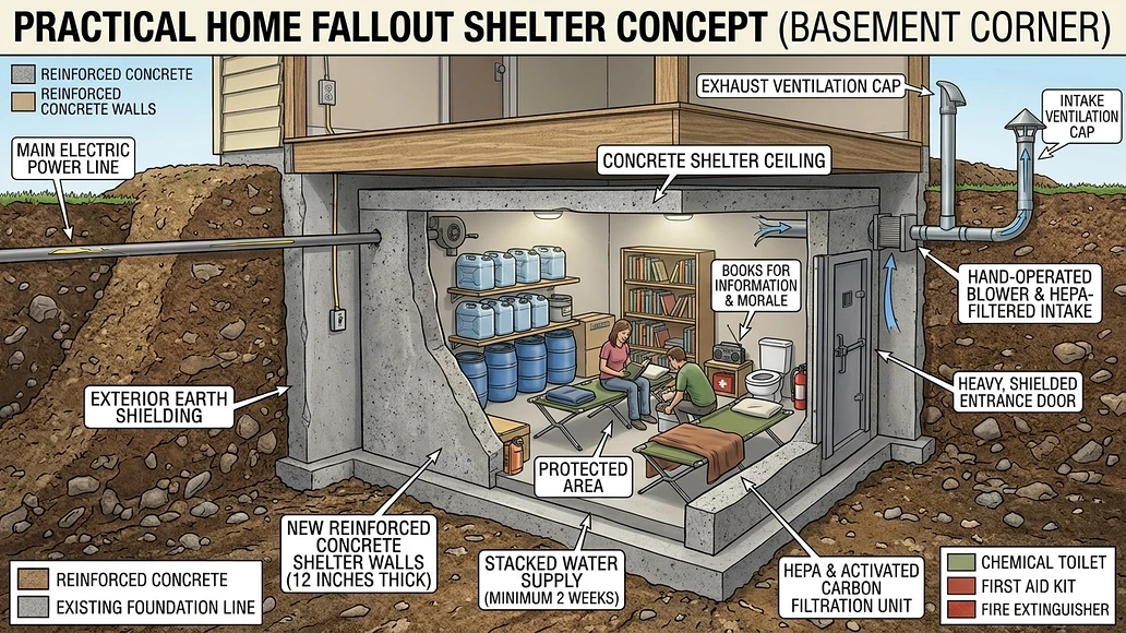 Cutaway view of a practical basement fallout shelter layout