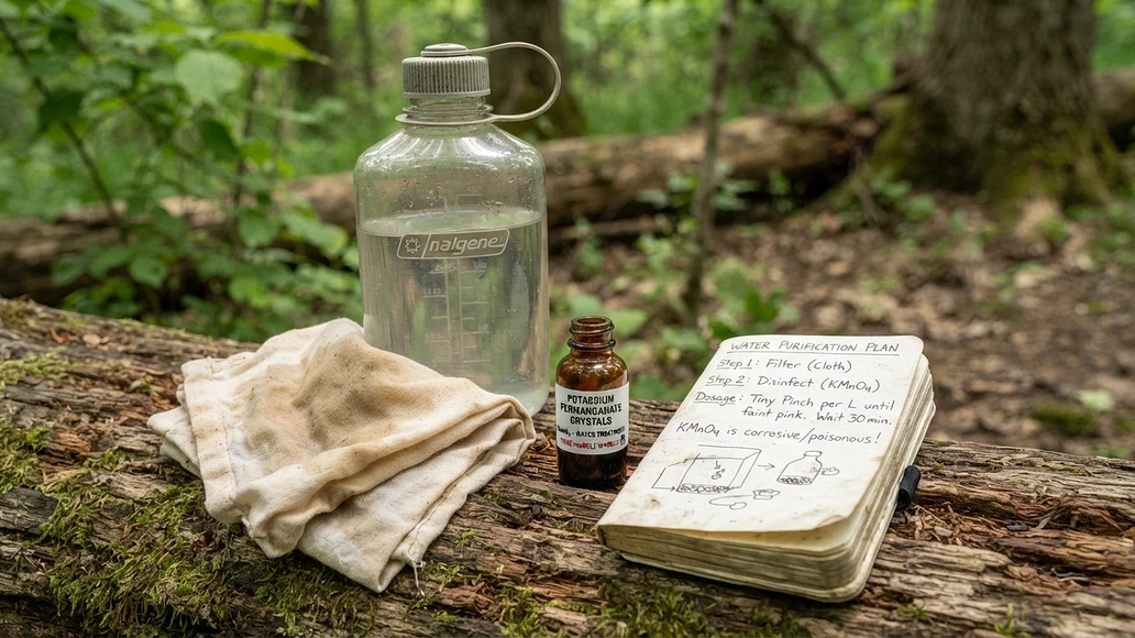 Emergency water treatment setup with a canteen, pre-filter, and labeled potassium permanganate container