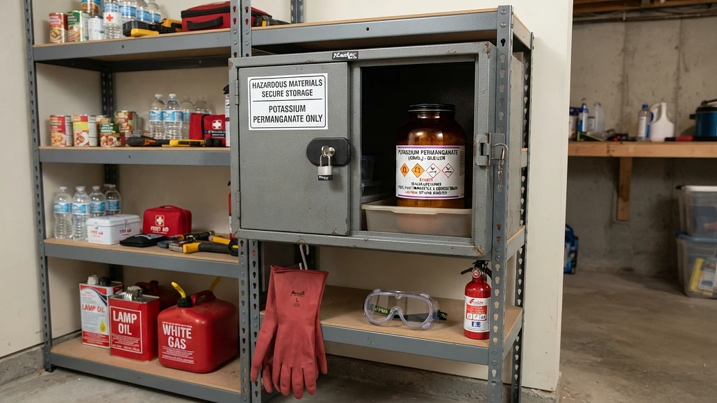Safe home storage setup for potassium permanganate in a labeled container away from incompatible materials