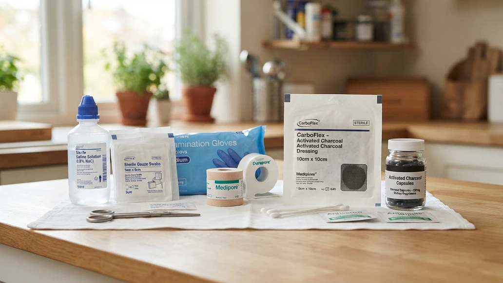 Medical wound care supplies arranged beside packaged charcoal dressing and charcoal capsules for comparison