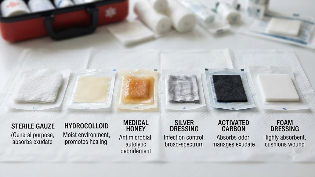 Comparison of common wound dressing options including gauze, hydrocolloid, honey, silver, and activated carbon dressings